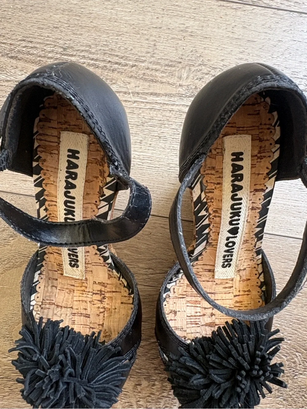 Harajuku Lovers Gwen Stefani Black Cork Platform Wedges w Black Leather Pom Poms